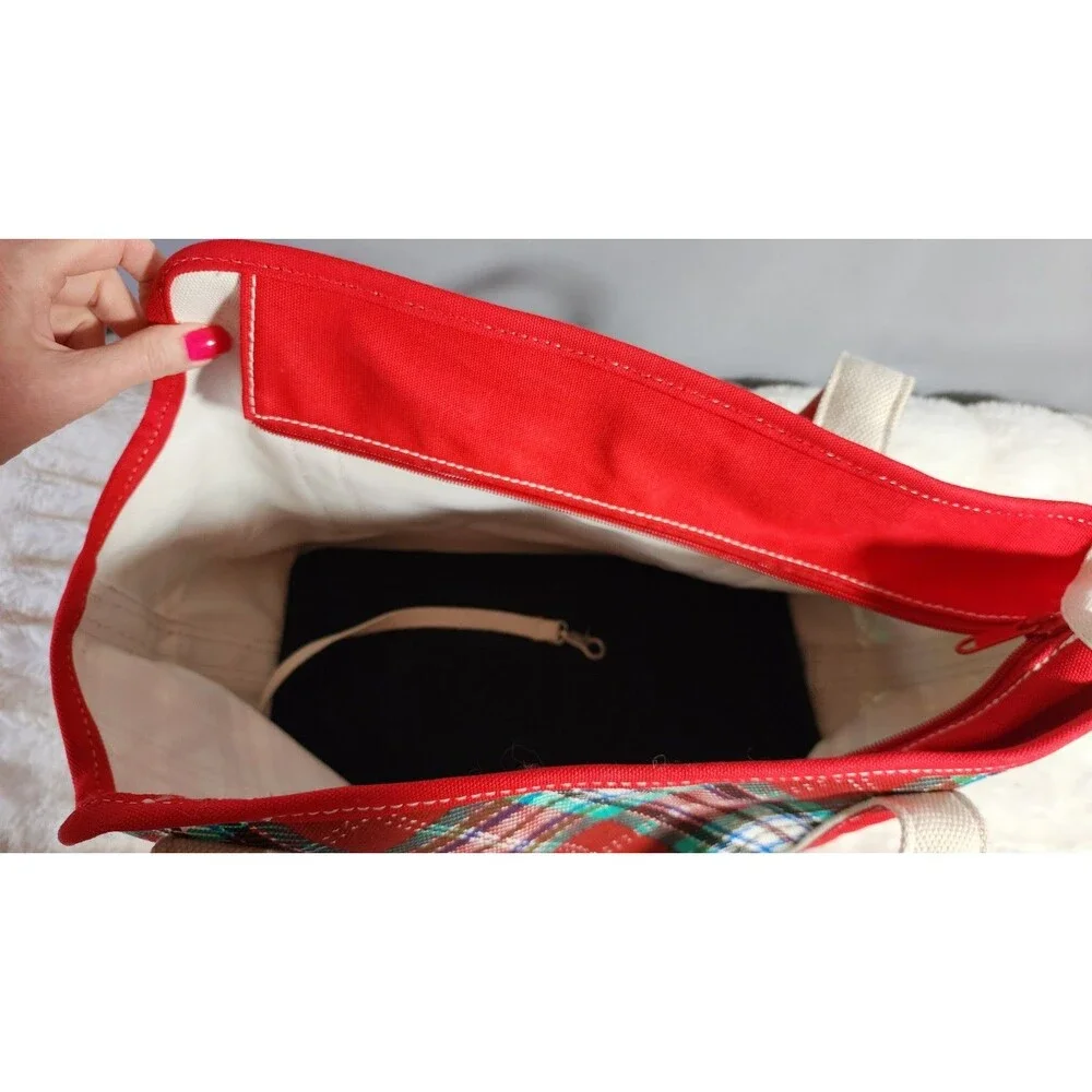 Lands’ End Zip-Top Red/Green Plaid Canvas Dog Tote Carrier Bag 100% Cotton